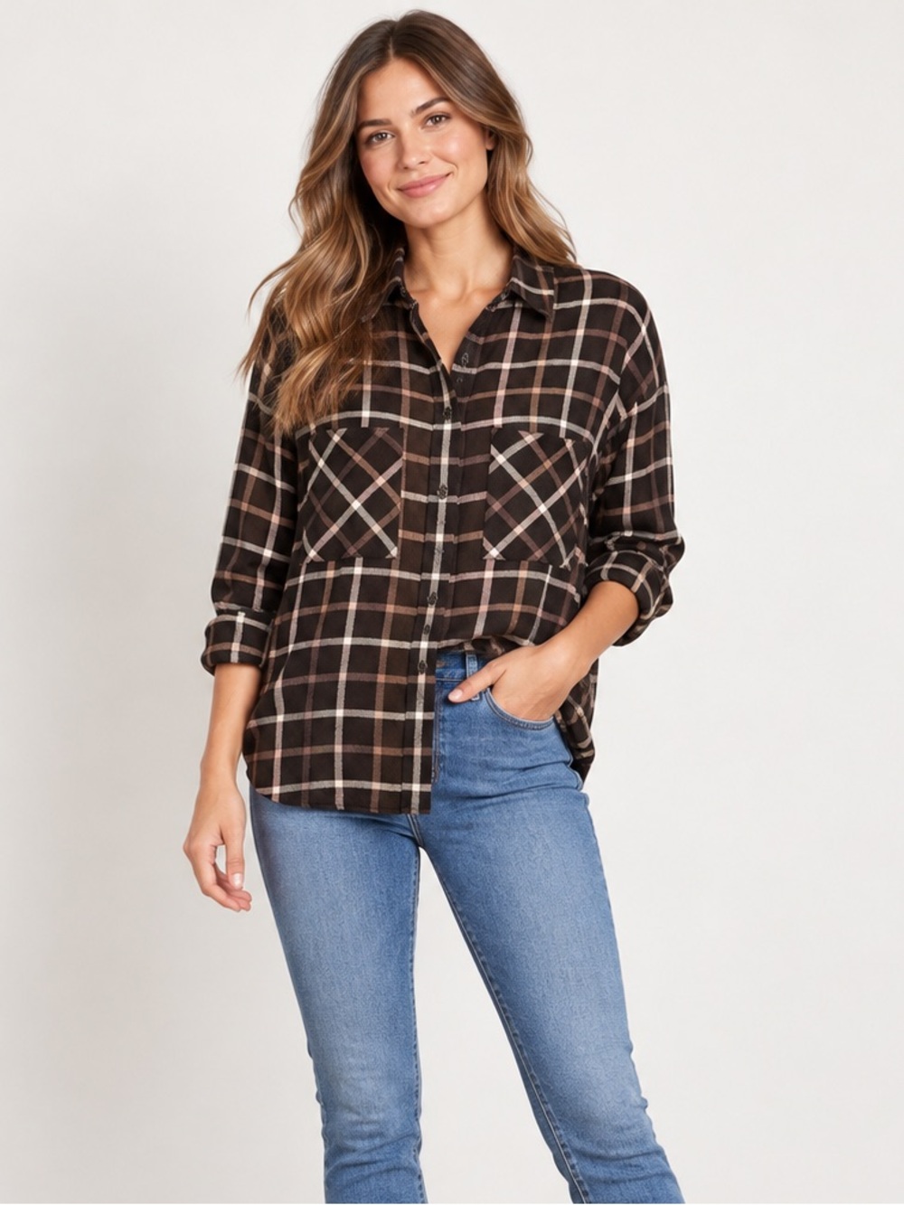 Sanctuary Brown Plaid Button-Down Shirt